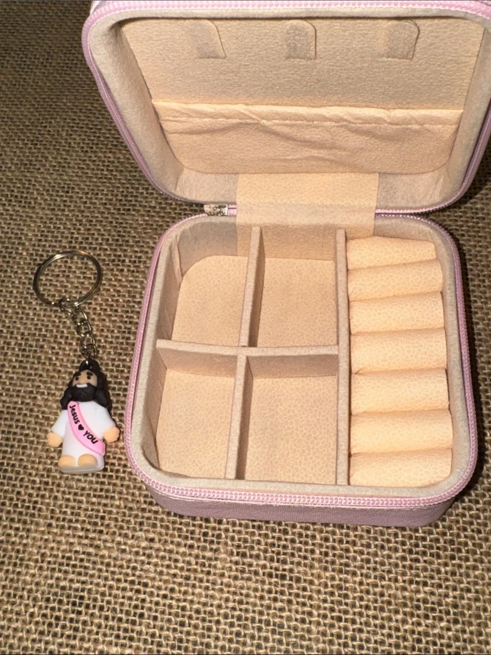 Pink Travel Inspirational Zip Around Jewelry Box with Baby Jesus Keychain